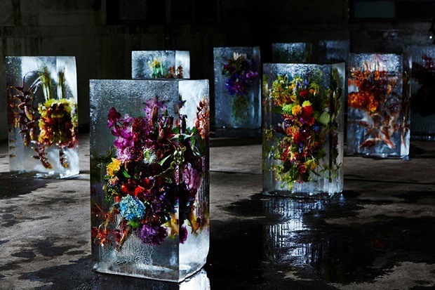 Букеты цветов в ледяных блоках от флориста Макото Азумы